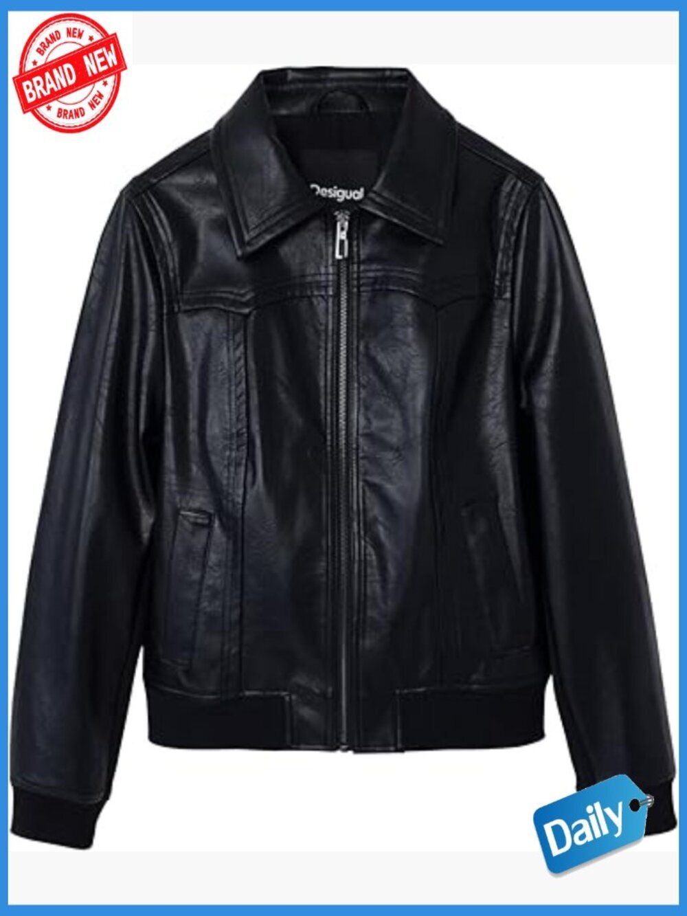 Faux Leather Biker Jacket with Zip Closure Long Sleeve Classic Coat